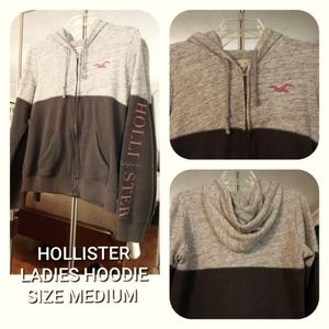 LADIES HOLLISTER EMBROIDERED LOGO, FULL ZIP HOODIE, SIZE MEDIUM,  GRAY AND PINK